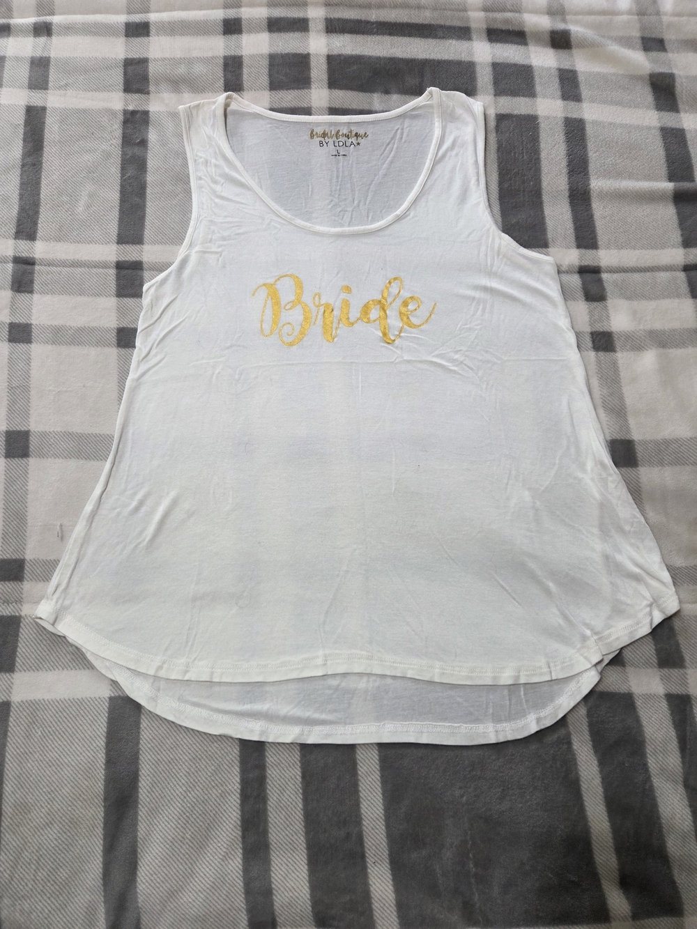 White 'Bride' Scoop Neck Tank Top with Gold Script